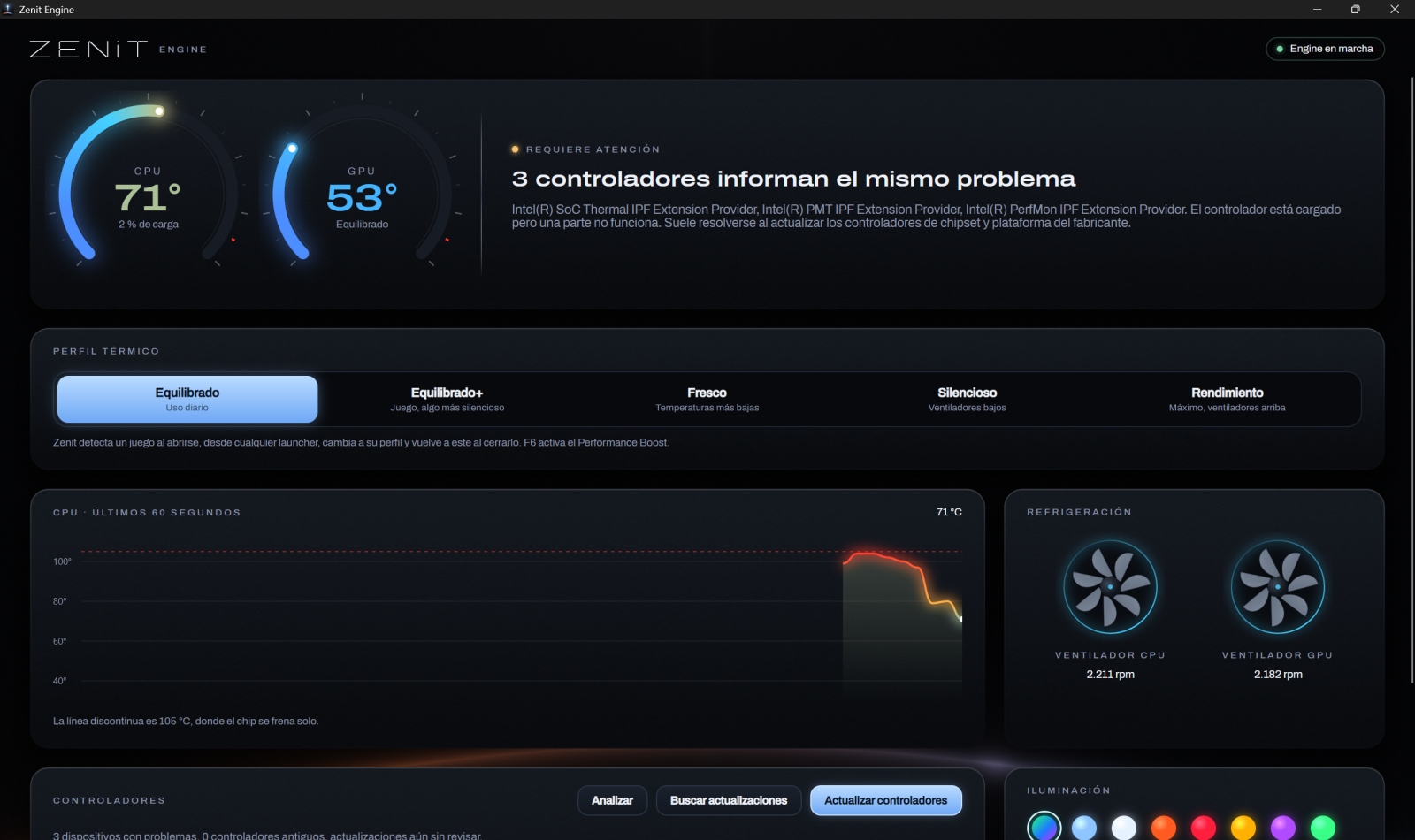 Zenit Engine: CPU and GPU heat dials, a diagnosis, the thermal profile bar, the last minute of CPU temperature, the fans and the lighting controls.